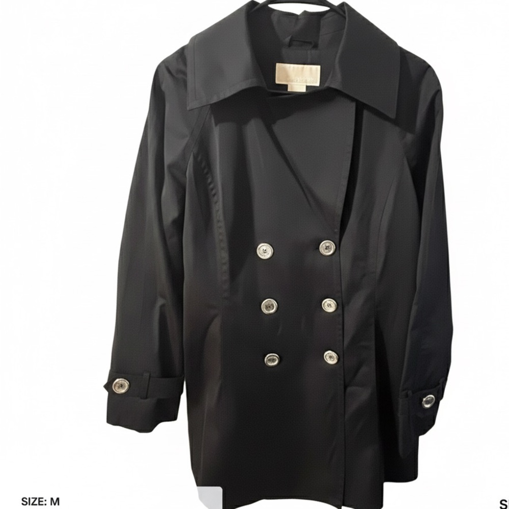 Michael Kors double-breasted black trench coat with silver buttons